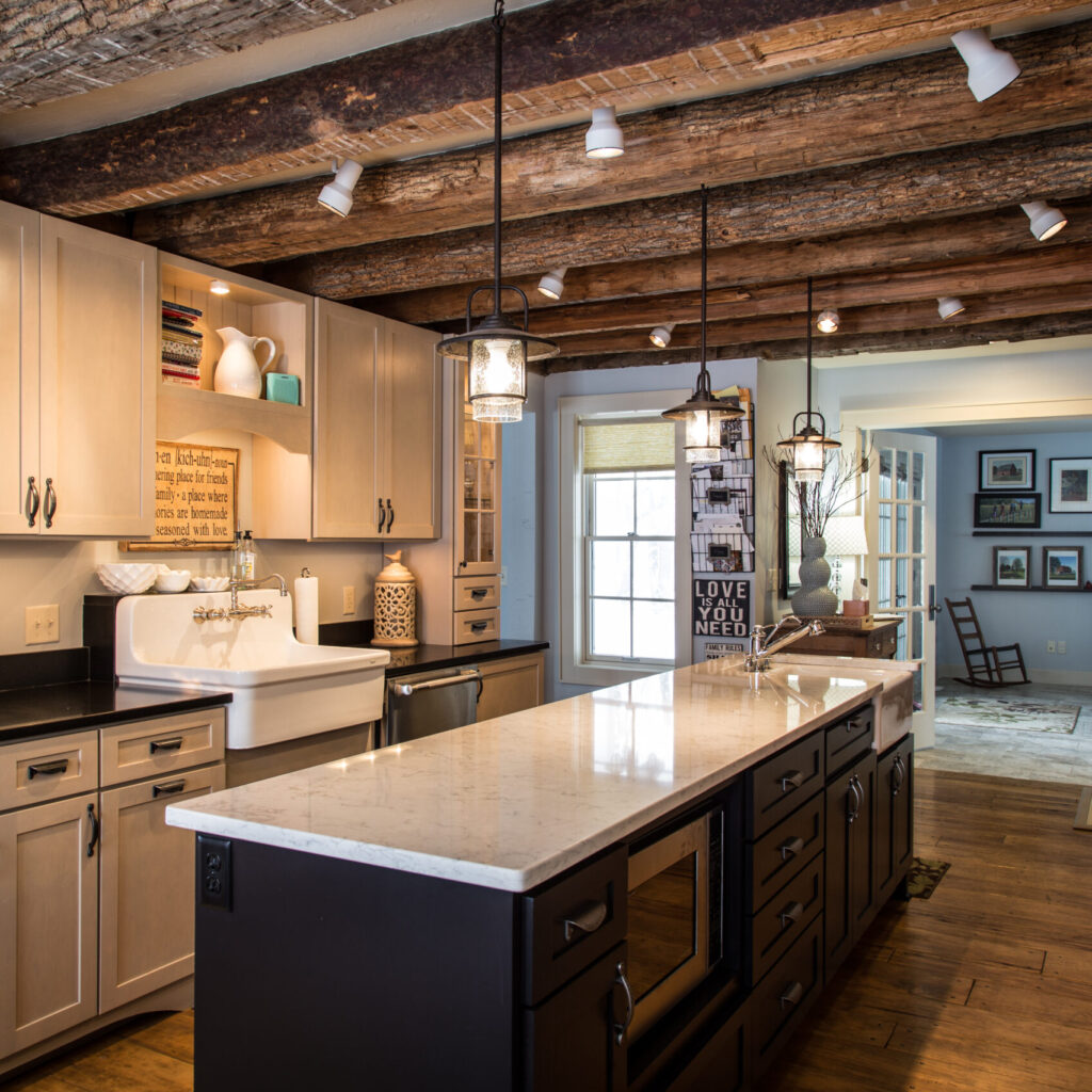 Functional home design: Farmhouse style kitchen with wood ceiling beams