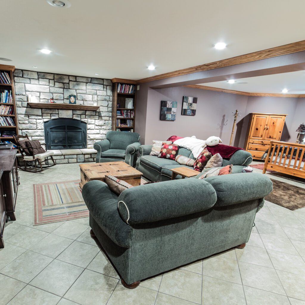 Finished basement with family room and guestroom