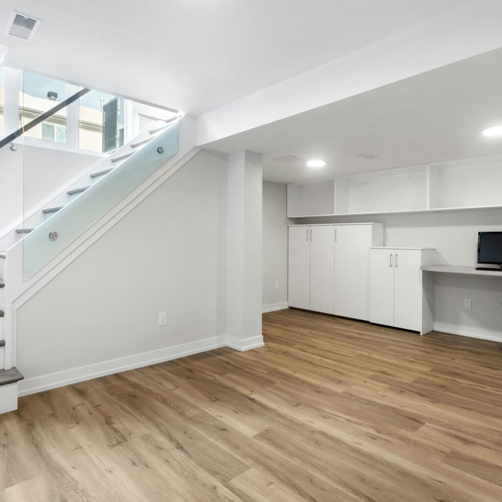 finished basement with under stairs space