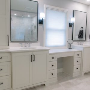 White double vanity with square mirrors