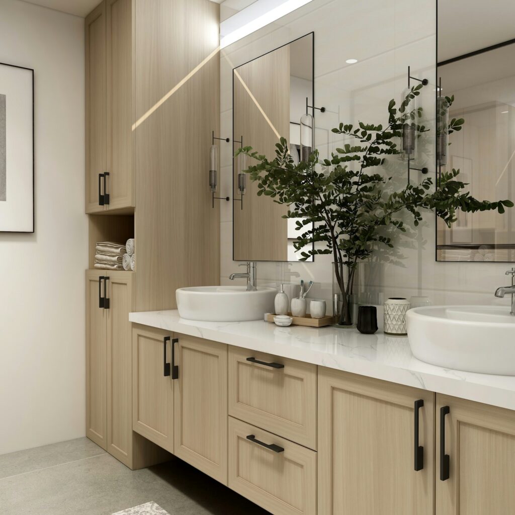 Luxurious bathroom double vanity ideas with light colored wood cabinets