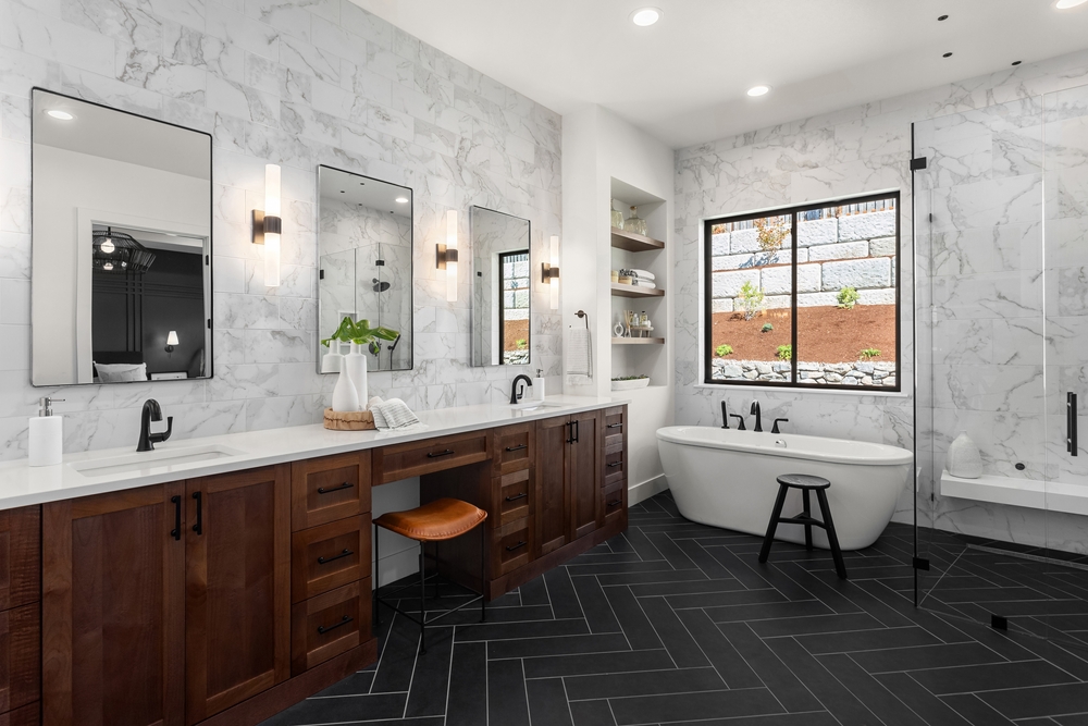 Bathroom double vanity with orange topped stool