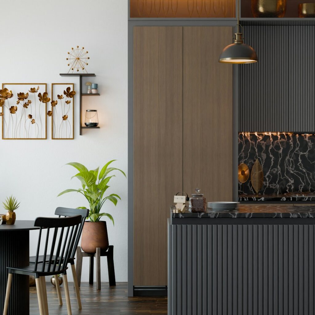 Dark modern kitchen with marble backsplash and marble countertop