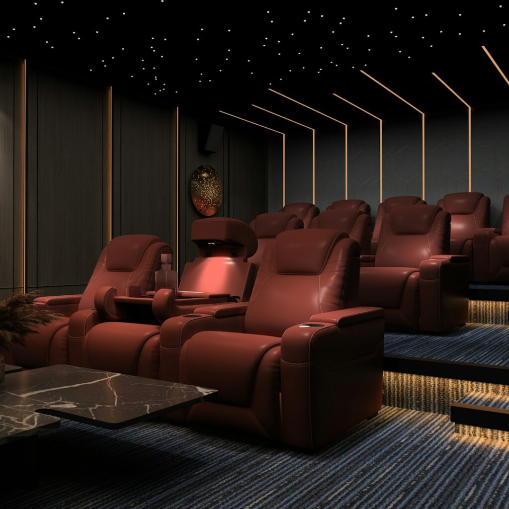 Luxurious home theater with twinkling lights ceiling