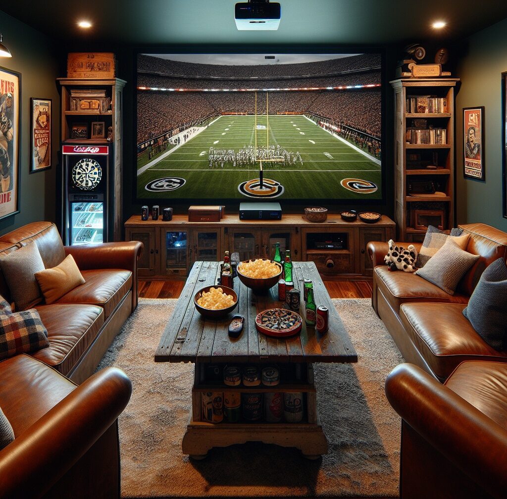 Man cave with leather couches and big screen TV. Modern man cave ideas