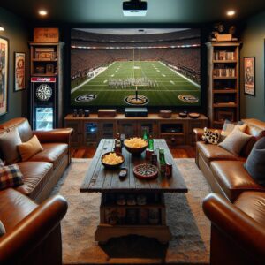 Man cave with leather couches and big screen TV. Modern man cave ideas